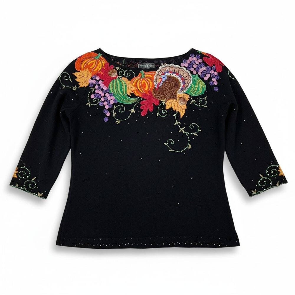 Vintage 90s Berek 2 S Black Thanksgiving Turkey Pumpkin Sweater Top Kitsch